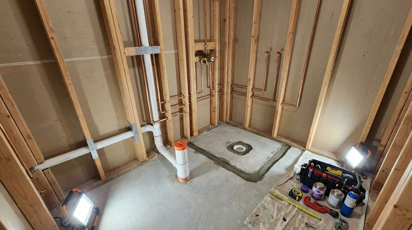 Bathroom rough-in plumbing during remodel by Johns Plumbing LLC in Saint Rose