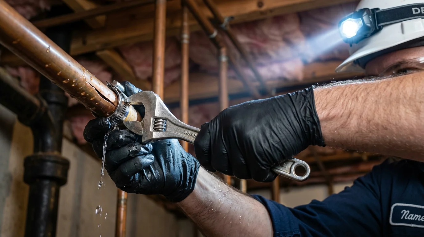 Emergency pipe clamp repair being performed by a Johns Plumbing LLC plumber in Saint Rose