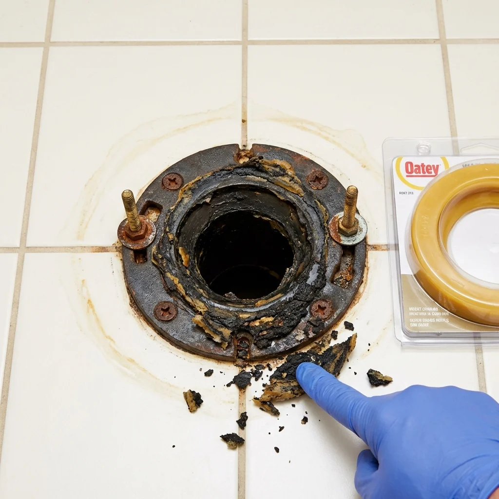 Failed wax ring showing water seepage at the base of a toilet in a Saint Rose, LA home