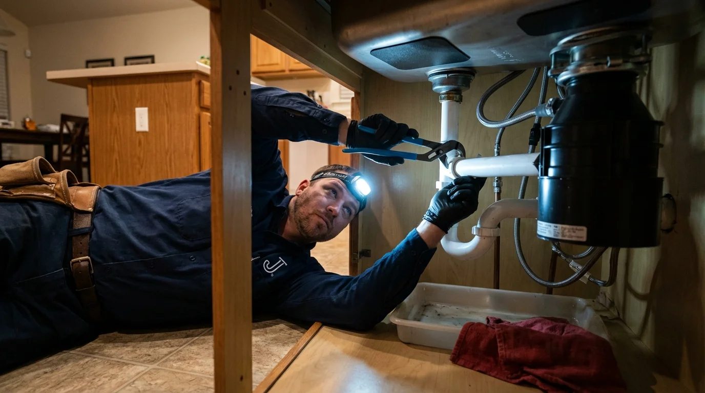 P-trap and supply line connections under a kitchen sink showing a common leak point in Saint Rose, LA
